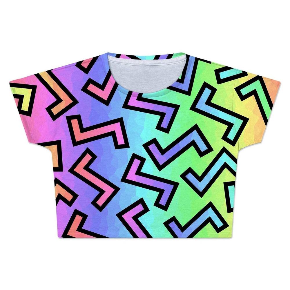 iEDM Neon Rainbow Print Crop Top Tee Womens Medium NWOT